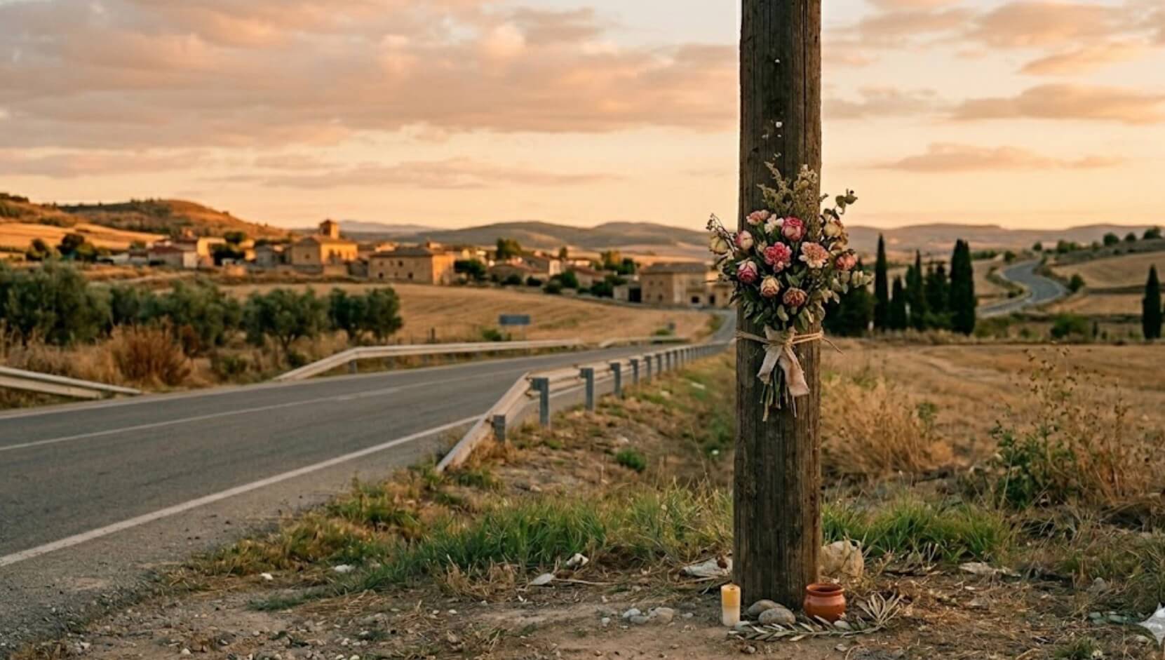 Memorial de flores en cuneta de carretera española