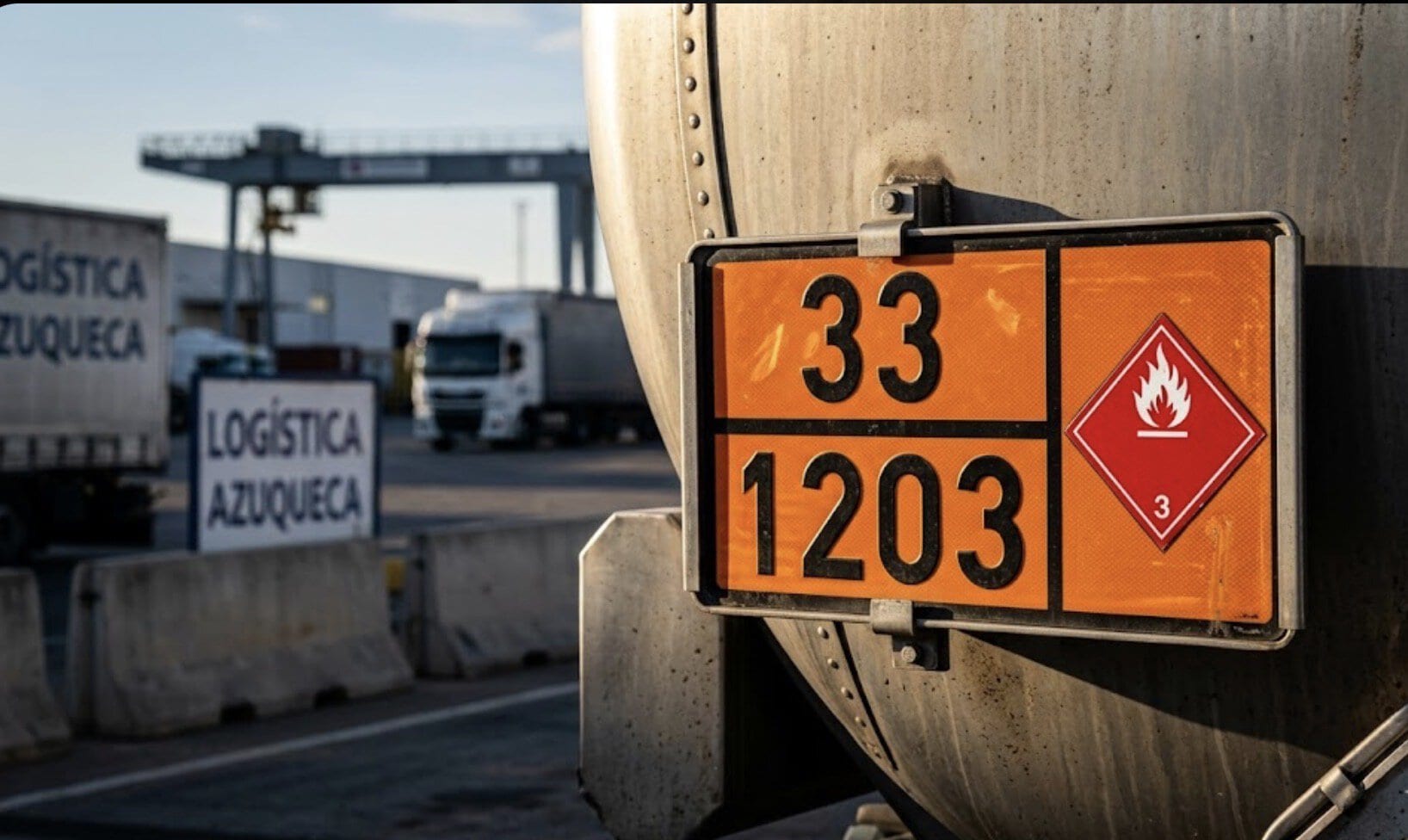 Cisterna con panel naranja 33/1203 (gasolina, Clase 3 inflamable) — el tipo de vehículo que el Consejero de Seguridad ADR supervisa