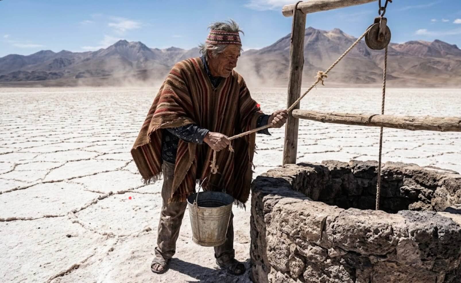 Hombre Lickanantay junto a un pozo seco en el desierto de Atacama