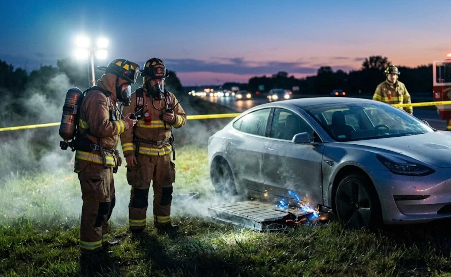 Bomberos con equipo de protección frente a un coche eléctrico siniestrado liberando gases tóxicos