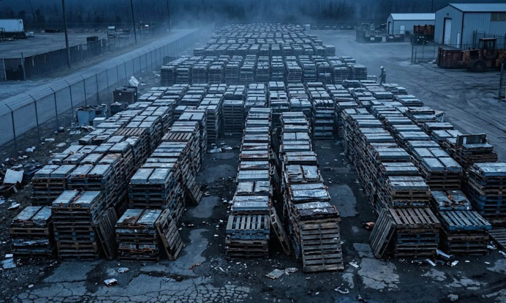 Cementerio industrial de baterías de litio usadas esperando reciclaje