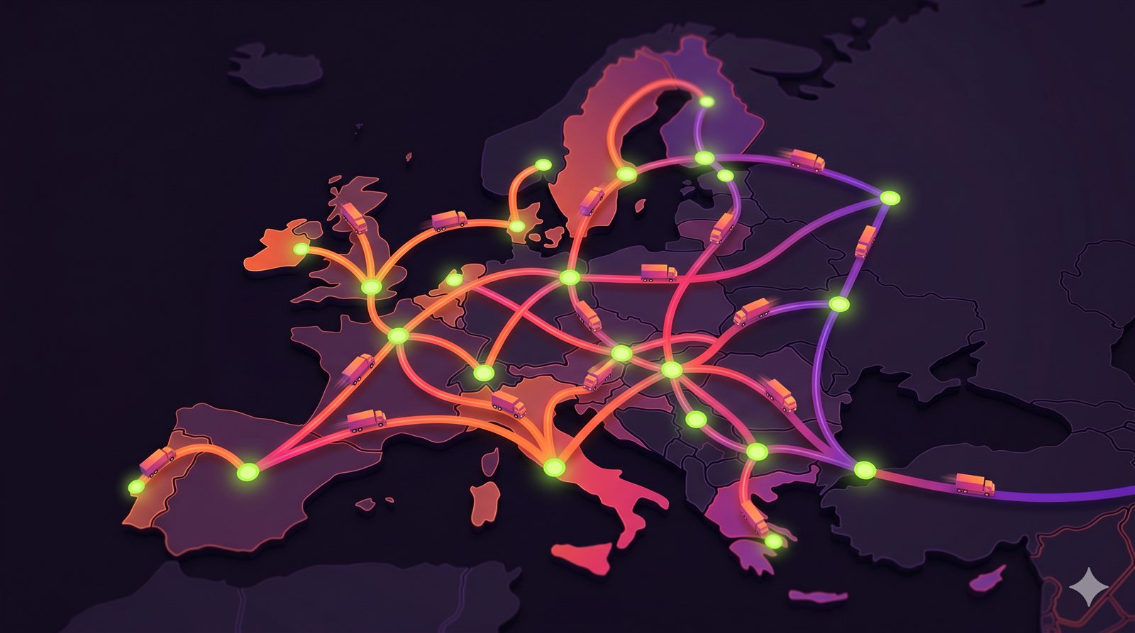 Mapa de Europa con rutas de transporte iluminadas conectando países: los acuerdos multilaterales ADR