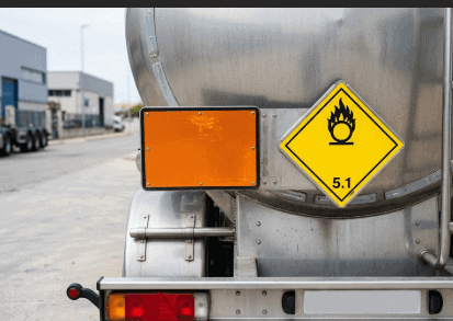 Camión con panel naranja y etiqueta rómbica de comburente, clase 5.1