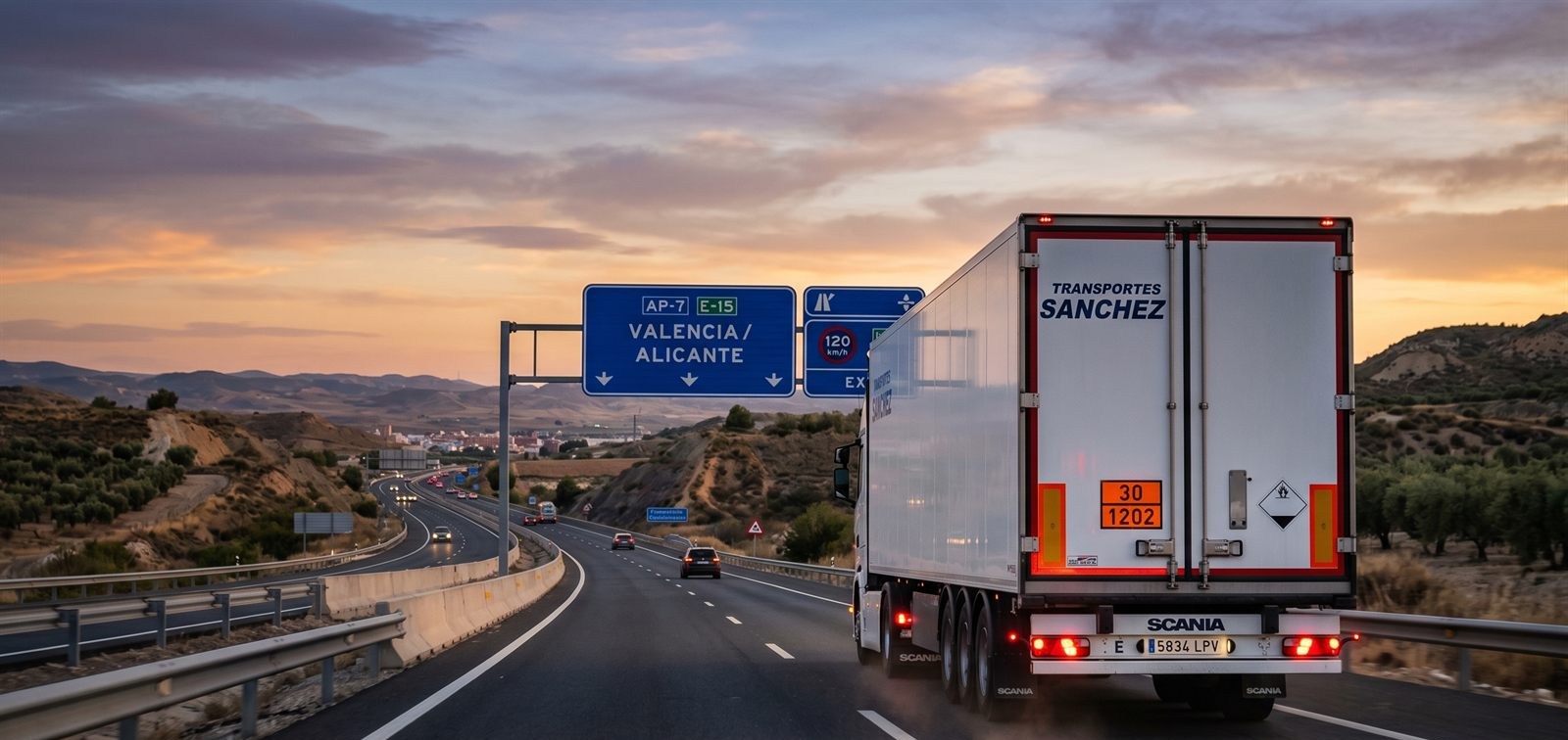 Camión con mercancías peligrosas señalizado con panel naranja circulando por una autovía española al atardecer