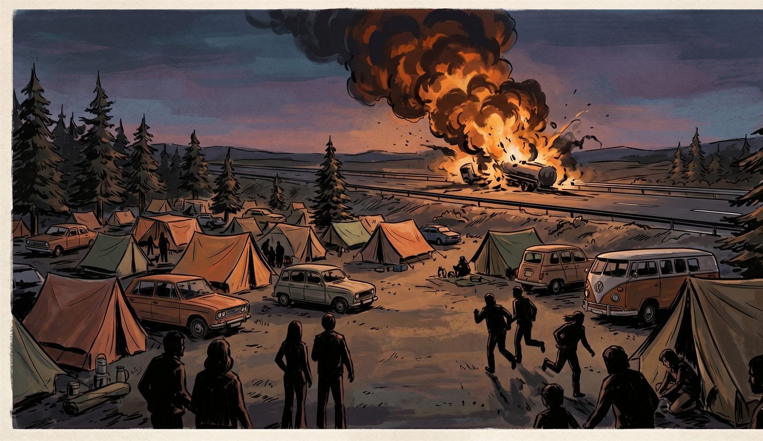 Ilustración del accidente del camping Los Alfaques en 1978: un camión cisterna ardiendo en la carretera junto a un camping lleno de tiendas y caravanas