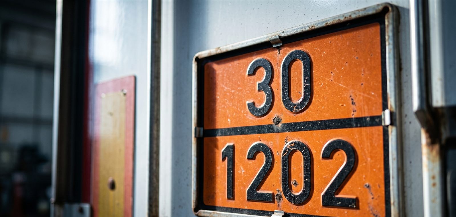 Panel naranja ADR con el código 30 sobre 1202 en el lateral de un camión de gasóleo