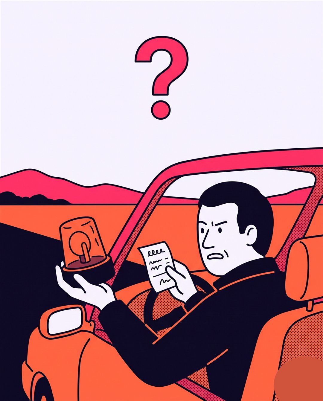 Conductor confuso con una baliza antigua y un recibo en la mano, con un signo de interrogación encima.