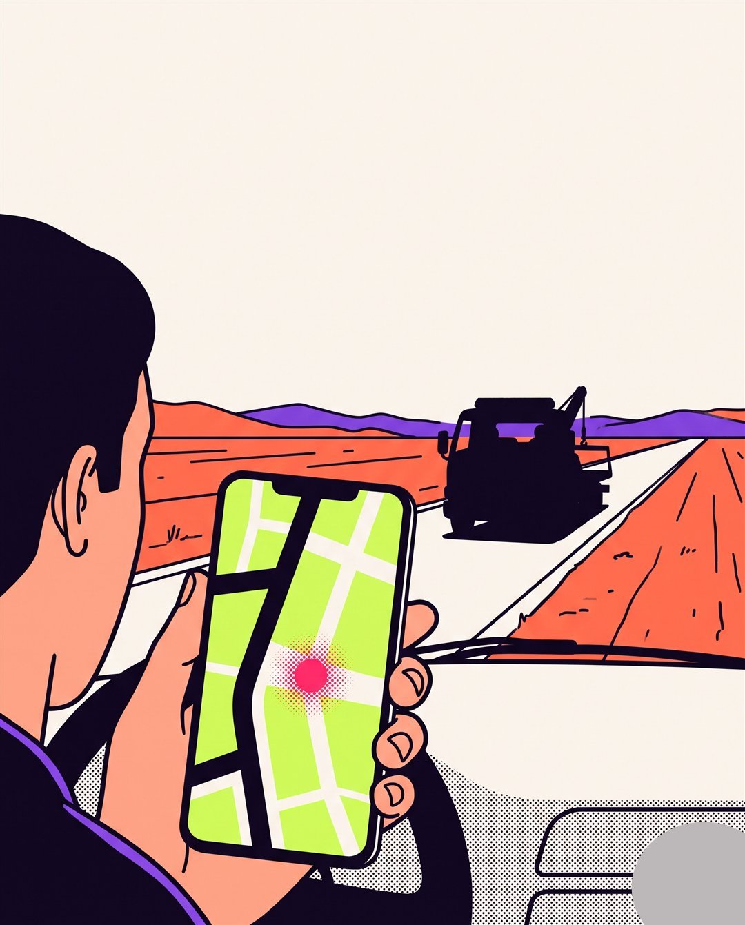 Conductor mirando en el móvil un mapa con su ubicación marcada; una grúa se acerca al fondo.