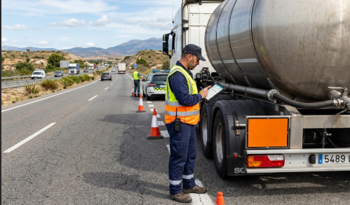Agente con una lista de verificación inspeccionando un camión cisterna en un control de carretera