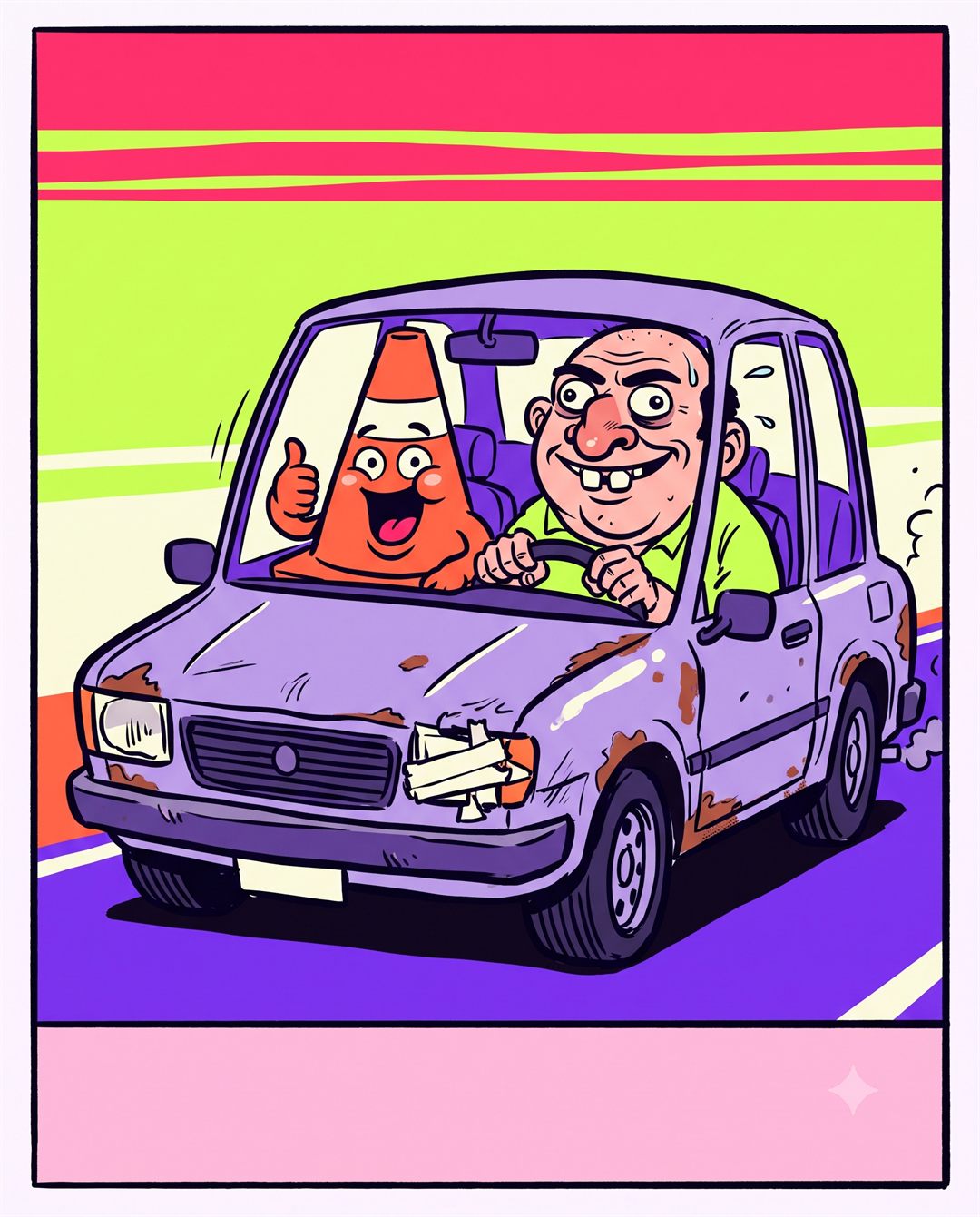 Aprendiz al volante de un coche de autoescuela mirando confiado la carretera vacía, con las manos en el volante; el cono, de copiloto, le hace el pulgar arriba.