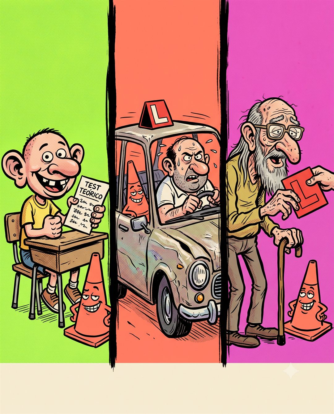 Viñeta en tres partes: la misma persona de niño sacando el teórico, de adulto en las clases prácticas y de anciano con bastón recibiendo por fin la L; el cono los acompaña sin envejecer.