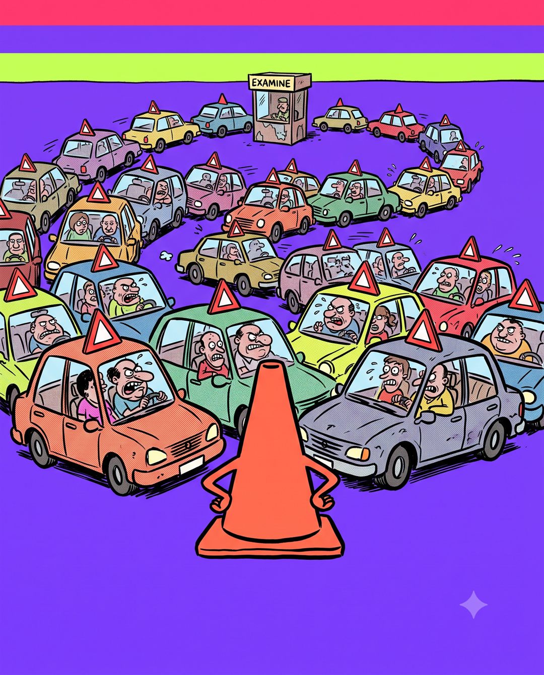 Portada: un atasco enorme de coches de autoescuela esperando su turno para el examen