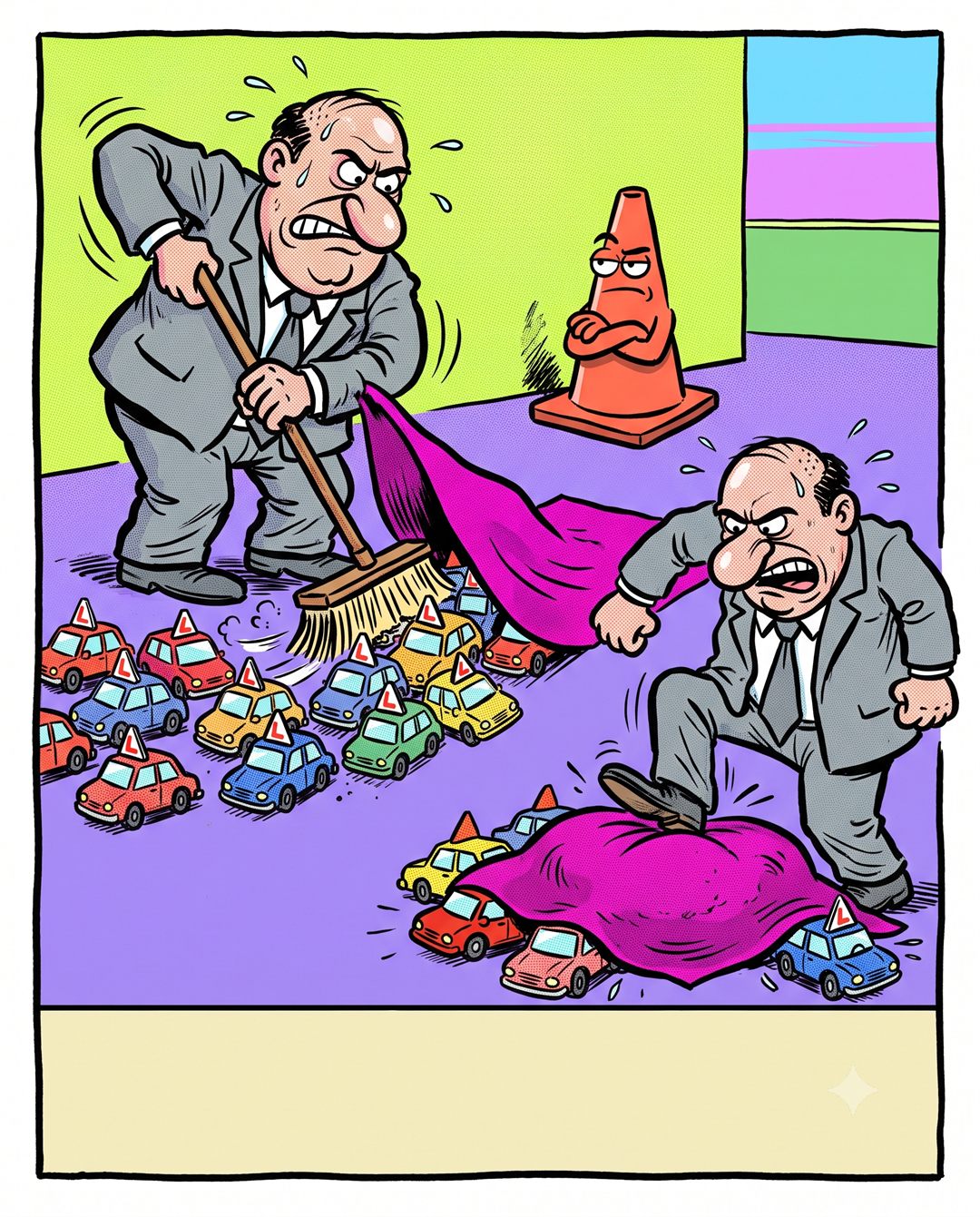 Un funcionario que representa a la DGT barre minicoches de autoescuela con la L bajo una alfombra como si fueran polvo, mientras otro pisa el bulto para disimularlo; el cono, de brazos cruzados, no se lo cree.