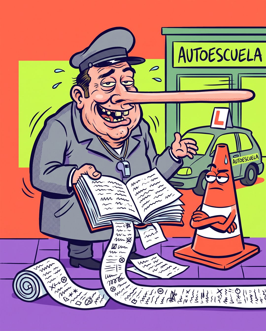 El dueño de una autoescuela presume de una lista de espera larguísima mientras le crece una nariz de Pinocho; el cono, de brazos cruzados, tampoco se lo cree.