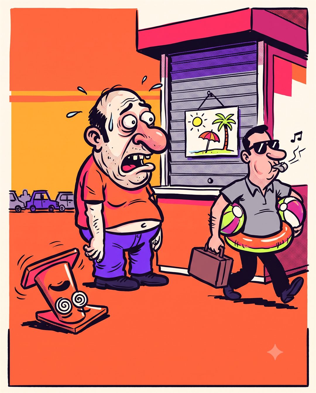 Tras la cola interminable, el aprendiz llega por fin a la ventanilla y la encuentra cerrada, con un dibujo de sol y sombrilla; el examinador se marcha de veraneo con maleta, flotador y gafas de sol; el cono, patas arriba, alucina.