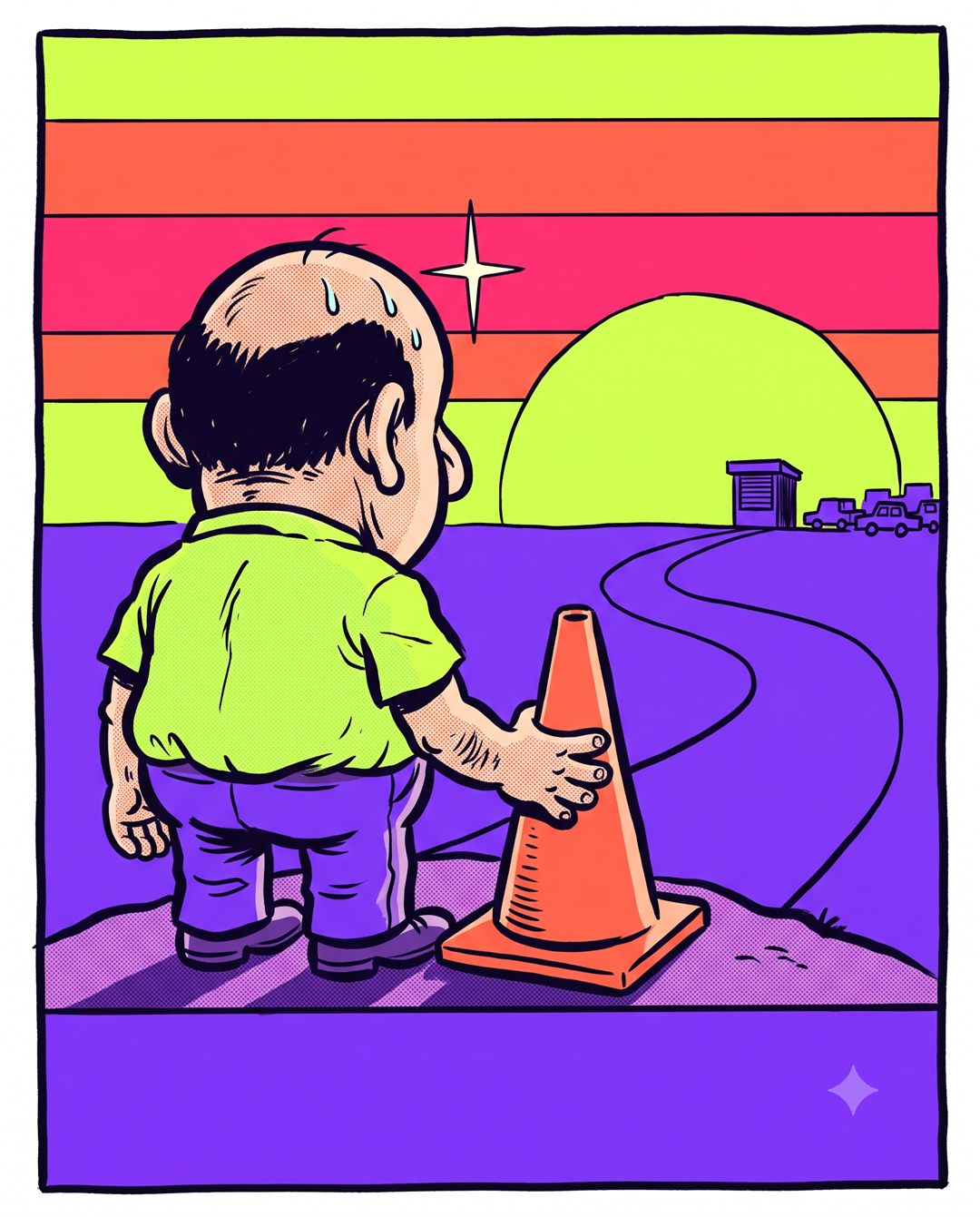 El aprendiz y el cono, de espaldas en un pequeño alto, miran una carretera abierta que se pierde hacia un sol naciente; detrás, pequeños, quedan el atasco y la ventanilla.