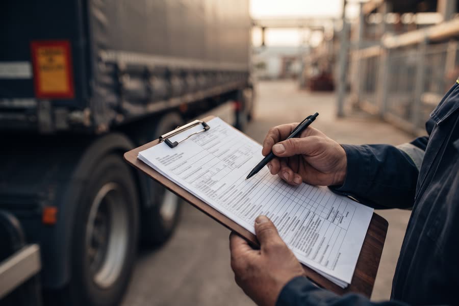 Manos revisando un documento de transporte junto a un camión