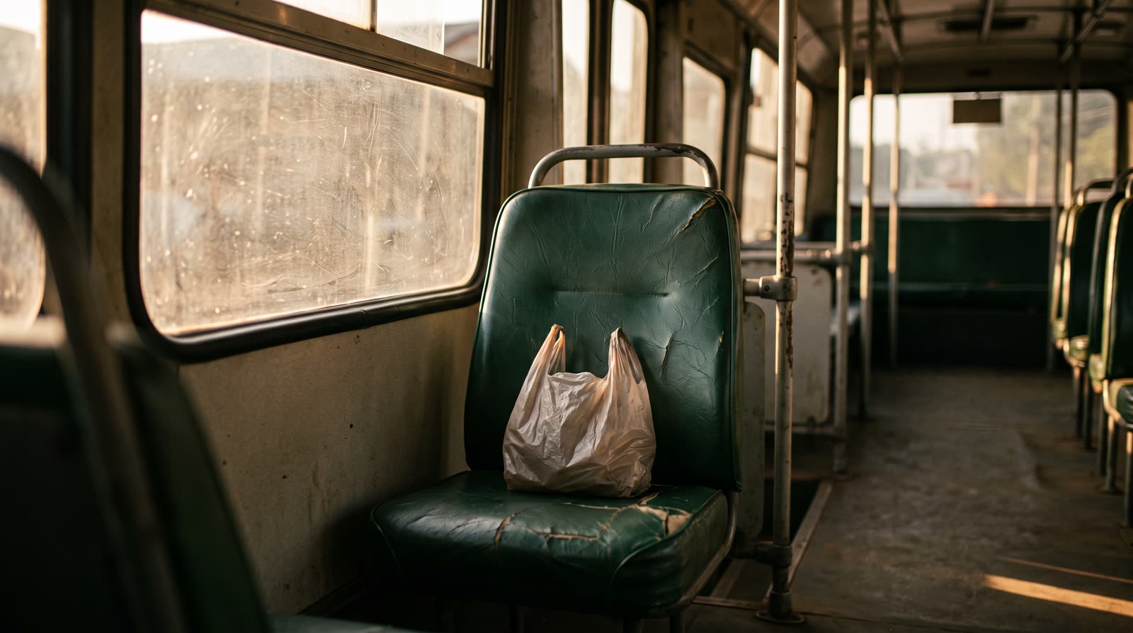 Bolsa de plástico sobre el asiento vacío de un autobús urbano antiguo
