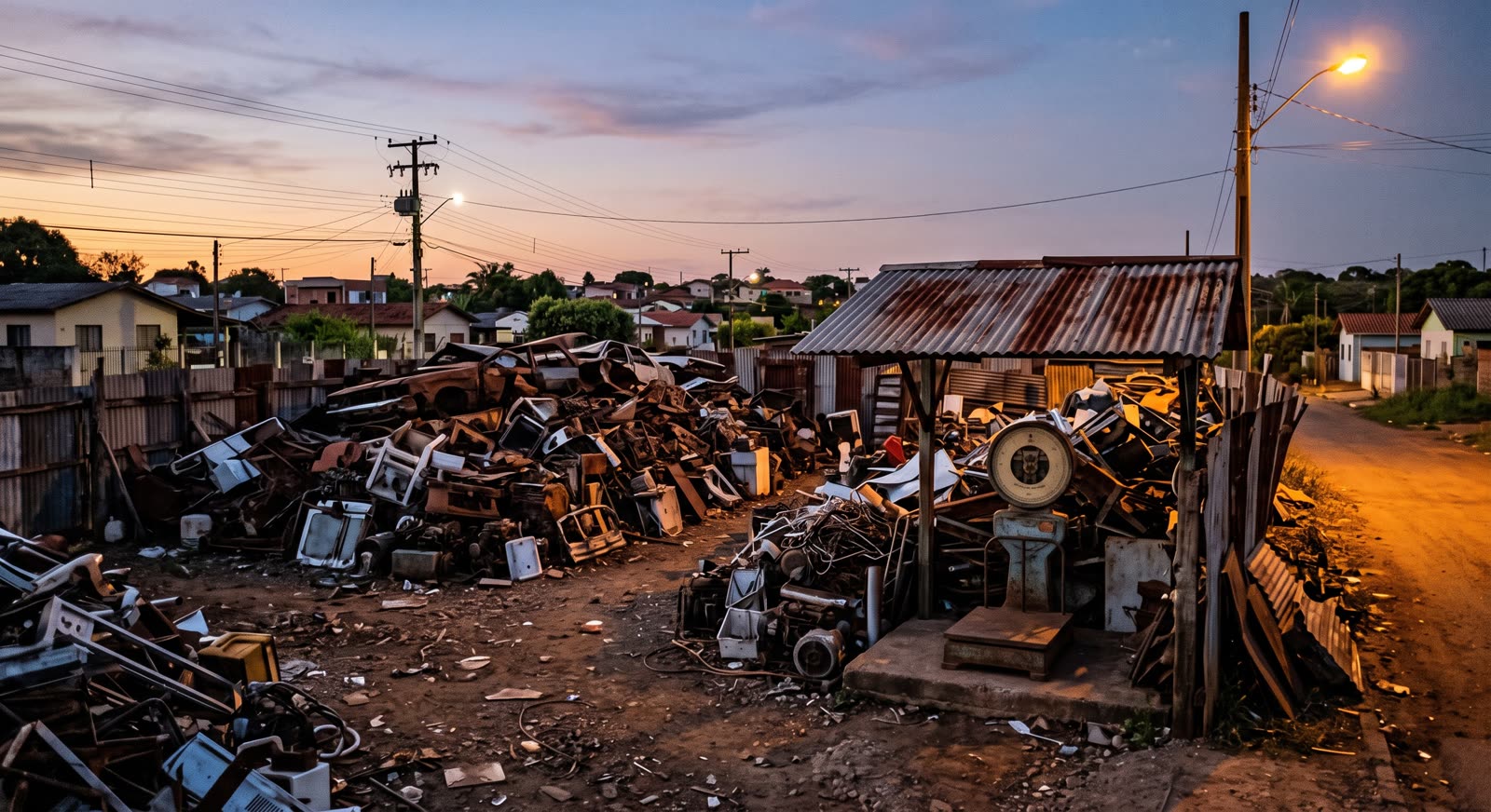 Chatarrería con montañas de metal al atardecer en un barrio brasileño