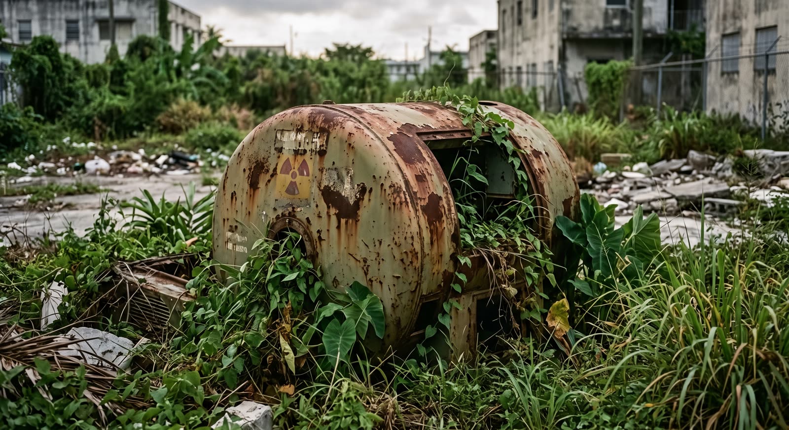 Máquina de radioterapia abandonada entre vegetación con el símbolo de radiactividad